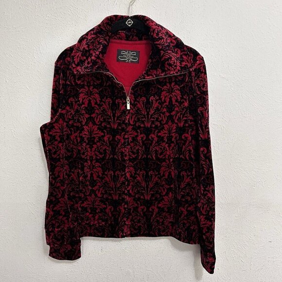 CHARTER CLUB Velvet Velour Red Black Batik Print 1/4 Zip Pullover Top Jacket PM - Picture 1 of 8